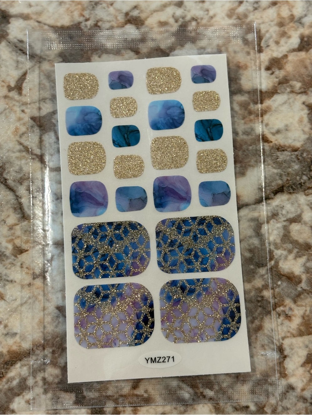 Blue & Purple Marble Toe Nail Stickers with Gold Glitter Accents
